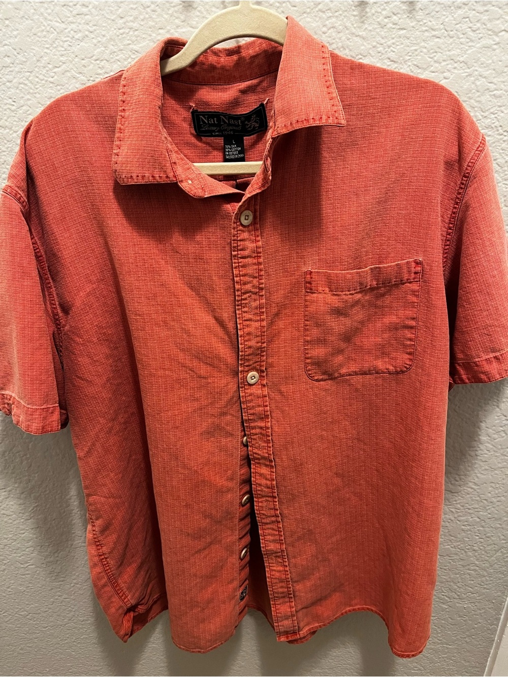 Nat Nast Mens Size L Coral Terracotta Silk Blend Short Sleeve Button Up
